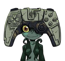  bad_id bad_twitter_id bannon_rudis black_hair black_skin blush closed_mouth collarbone colored_sclera colored_skin commentary controller dualsense english_commentary female game_console game_controller green_skin grey_skin hair_between_eyes happy helmet jpeg_artifacts light_blush looking_at_viewer midna multicolored_skin nose_blush playstation_5 playstation_controller red_eyes short_hair simple_background smile solo straight-on the_legend_of_zelda the_legend_of_zelda:_twilight_princess two-tone_skin upper_body white_background yellow_sclera 