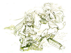  2girls animal_ears antonina_kruschinski backpack bag breasts clip_(weapon) extra_ears from_side garrison_cap goggles hannelore_kummel harness hat headphones highres holding holding_weapon implied_extra_ears land_striker large_breasts lion_ears lion_girl lion_tail long_hair looking_back mecha_musume mechanical_legs medium_breasts military_uniform monochrome multiple_girls neuroi no_pants nogami_takeshi official_art on_one_knee panties ponytail rabbit_ears rabbit_girl rabbit_tail single_bang sleeves_rolled_up strike_witches_(lionheart_witch) tail underwear uniform wavy_hair weapon white_panties world_witches_series 