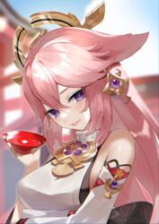  absurdres alcohol animal_ears blurry blurry_background breasts commentary cup detached_sleeves female fox_ears genshin_impact hair_between_eyes hair_ornament highres holding holding_cup japanese_clothes lips long_hair looking_at_viewer medium_breasts nontraditional_miko petals pink_hair purple_eyes reirou_(chokoonnpu) sakazuki solo symbol-only_commentary upper_body yae_miko 