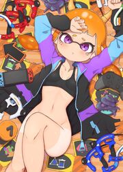  arms_up black_jacket black_sports_bra blunt_bangs bottomless breasts breasts_apart closed_mouth commentary_request dapple_dualies_(splatoon) domino_mask female from_above groin highres holding inkling inkling_girl inkling_player_character jacket joy-con knee_up long_hair long_sleeves looking_at_viewer lying mask narrow_waist navel nintendo_switch nintendo_switch_pro_controller object_request on_back open_clothes orange_hair parted_lips pointy_ears purple_eyes short_eyebrows shorts_tan small_breasts solo splatoon_(series) sports_bra stomach tan tanlines tentacle_hair wanimaru 