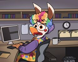  2019 anthro avian beak biped bird blush brown_body brown_feathers chair clothed clothing clown clown_paint computer computer_keyboard computer_monitor computer_mouse computer_screen container cup desk digital_media_(artwork) electronics feather_hands feathers fully_clothed furniture how_y&#039;all_mfs_look humor keyboard lipstick looking_at_viewer makeup male meme monitor office office_chair orange_eyes piemations pretzel_(piemations) sitting solo table wig 