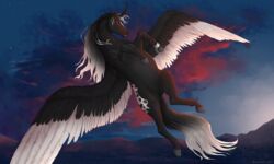  5:3 absurd_res alicorn alterion_(alter) appaloosa appaloosa_(marking) chains equid equine feathered_wings feathers feral flying fur hi_res hooves horn horse kamilazu male mammal mountain mythological_creature mythological_equine mythology night smile solo spots spread_wings wings 