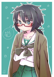  absurdres artist_name black_hair black_neckerchief blouse blue_eyes border closed_mouth commentary cowboy_shot crossed_arms dated emblem female girls_und_panzer glasses green_background green_skirt half-closed_eyes haori highres hippopotamus itsumip japanese_clothes light_frown long_sleeves looking_to_the_side medium_hair messy_hair neckerchief ooarai_school_uniform oryou_(girls_und_panzer) outline outside_border pleated_skirt red-framed_eyewear sailor_collar school_uniform semi-rimless_eyewear serafuku shirt short_ponytail signature skirt solo standing thought_bubble under-rim_eyewear white_border white_outline white_sailor_collar white_shirt 