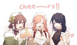  3girls ^_^ alcohol beer beer_mug beret black_hair bow braid breasts brown_jacket can cleavage closed_eyes collarbone cup green_bow green_jacket hairbow halterneck hat holding holding_cup horns indie_virtual_youtuber jacket lilia_(lilia_uwu) lilia_nwn miori_celesta miori_celesta_(2nd_costume) mole mole_on_breast mug multiple_girls nini_yuuna nini_yuuna_(3rd_costume) off_shoulder pink_eyes pink_hair purple_eyes smile tsunderia virtual_youtuber white_headwear 