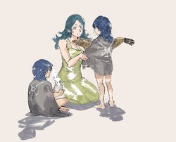  1boy 2girls animal blue_eyes blue_hair byleth_(female)_(fire_emblem) byleth_(fire_emblem) byleth_(male)_(fire_emblem) commentary cup english_commentary fire_emblem fire_emblem:_three_houses fish highres holding holding_animal holding_cup holding_fish long_hair mother_and_daughter mother_and_son multiple_girls open_mouth short_hair simple_background sitri_(fire_emblem) sitting yourfreakyneighbourh 