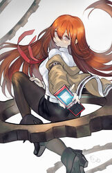  alpaca_carlesi belt black_footwear black_pantyhose black_shorts blue_eyes boots brown_hair cellphone dress_shirt female flip_phone gears grey_eyes highres holding holding_phone jacket long_hair looking_at_viewer makise_kurisu necktie pantyhose phone red_necktie shirt shorts solo steins;gate white_shirt 