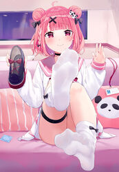  ahoge black_bow black_choker black_footwear blunt_bangs blush bow bowtie braid choker closed_mouth commentary_request condom condom_wrapper convenient_leg couch double_bun eyelashes feet female foot_focus foot_up full_body hair_bun hair_ornament hairbow hands_up highres holding indoors knees_together_feet_apart kou_futoshi looking_at_viewer medium_hair miniskirt mole mole_under_eye nijisanji no_shoes oerba_yun_fang paid_reward_available panda_hair_ornament pillow pink_eyes pink_hair pink_sailor_collar pink_skirt pleated_skirt red_bow red_bowtie sailor_collar sasaki_saku sasaki_saku_(6th_costume) school_uniform shirt shoes sitting skin_fang skirt sleeves_past_wrists smile socks soles solo spread_toes thigh_strap thighs toes two-tone_skirt unworn_shoes virtual_youtuber white_shirt white_socks window x_hair_ornament 