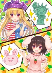  &gt;_&lt; 2girls :d absurdres american_flag animal_ears blonde_hair blush brown_hair carrot_necklace clownpiece commentary_request dress hat highres inaba_tewi jester_cap jewelry long_hair multiple_girls neck_ruff necklace no_wings open_mouth pink_dress pointing polka_dot puffy_short_sleeves puffy_sleeves pun purple_headwear rabbit rabbit_ears red_eyes short_sleeves smile statue_of_liberty suigetsu_(watermoon-910) touhou xd 