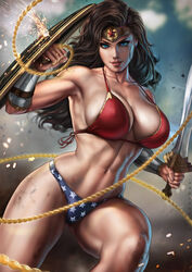  abs absurdres alternate_costume armpits ass_visible_through_thighs bikini black_hair blue_eyes blurry blurry_background blush breasts breasts_apart brown_hair circlet collarbone crack dandon_fuga dc_comics debris deflect dirty female floating_hair glowing glowing_weapon hand_up highres holding holding_shield holding_sword holding_weapon large_breasts lasso lasso_of_truth leg_up lips long_hair looking_at_viewer md5_mismatch mismatched_bikini muscular muscular_female navel obliques open_mouth parted_lips pinup_(style) red_bikini resolution_mismatch shield sideboob skindentation smile solo source_smaller sparks star_(symbol) star_print strap_gap superhero_costume swimsuit sword thick_thighs thighs weapon wonder_woman wonder_woman_(series) 