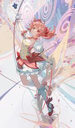  bubble_skirt choker ciloranko commentary dark_orb_(madoka_magica) female gloves high_heels kaname_madoka kaname_madoka_(magical_girl) kneehighs magical_girl mahou_shoujo_madoka_magica mahou_shoujo_madoka_magica:_hangyaku_no_monogatari pink_eyes pink_hair reaching reaching_towards_viewer red_footwear short_hair short_twintails skirt socks solo soul_gem twintails white_gloves white_socks 