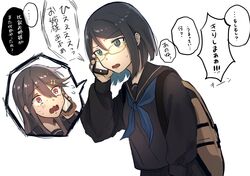  2girls absurdres alternate_costume backpack bag black_hair blue_eyes blue_neckwear brown_eyes cellphone check_commentary check_translation commentary commentary_request flying_sweatdrops glasses green-framed_eyewear grey_hair hair_between_eyes haruna_(kancolle) highres holding holding_phone kantai_collection kirishima_(kancolle) long_hair long_sleeves multiple_girls open_mouth phone sailor_collar school_uniform serafuku short_hair simple_background skirt smartphone smartphone_case speech_bubble sweat talking_on_phone tears translation_request white_background yamabuki0211 