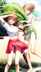  2girls :d arm_up bare_arms bare_legs beach blue_panties blurry blurry_background breasts brown_eyes brown_hair cleavage clothes_lift collarbone day doukyuusei doukyuusei_another_world floating_hair game_cg glasses green_skirt hair_ribbon hand_on_own_hip long_hair looking_at_viewer medium_breasts midriff miniskirt multiple_girls navel one_eye_closed outdoors panties pencil_skirt pleated_skirt ponytail red_ribbon red_skirt ribbon serizawa_yoshiko shirt skirt skirt_lift sleeveless sleeveless_shirt smile stomach summer sunlight sweatdrop tanaka_misa tied_shirt torn_clothes torn_skirt underwear very_long_hair white-framed_eyewear white_panties white_shirt 