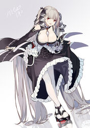  absurdly_long_hair absurdres asymmetrical_hair azur_lane between_breasts black_dress black_footwear black_gloves blush breasts bridal_gauntlets chinese_commentary cleavage detached_collar dress earrings female formidable_(azur_lane) frilled_dress frills full_body gloves gradient_background grey_background grey_hair half_updo high_heels highres jewelry large_breasts leaning_forward long_hair looking_at_viewer necktie necktie_between_breasts open_mouth red_eyes reflection reflective_floor shijiuqaq signature simple_background skirt_hold smile solo standing twintails very_long_hair white_background white_necktie 