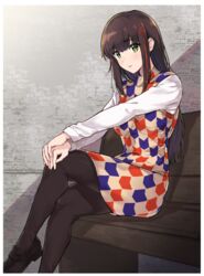  bad_id bad_pixiv_id bench black_footwear black_pantyhose blunt_bangs border brown_hair crossed_legs dress female green_eyes hair_ornament hands_on_own_knees indoors long_hair long_sleeves pantyhose parted_lips persona persona_5 print_dress short_dress sitting solo straight_hair tougou_hifumi very_long_hair white_border white_sleeves yuuri_(orz_commushows) 