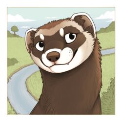  1:1 2022 border brown_body brown_fur brown_inner_ear brown_inner_ear_fluff brown_nose cute_fangs eyebrows facial_markings feral fur head_markings headshot_portrait inner_ear_fluff mammal markings mask_(marking) meadow mustelid plant polecat_(mustelid) portrait river round_ears shrub signature smile solo tree tuft water whisker_markings whisker_spots white_body white_border white_ears white_eyebrows white_fur woozel 