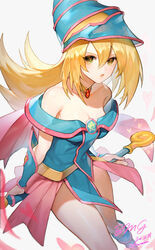  absurdres bare_shoulders blonde_hair blue_dress blue_footwear blue_panties blush boots breasts chair curly_hair dark_magician_girl dated detached_sleeves dress duel_monster facial_mark female green_eyes hair_between_eyes hat heart highres large_breasts long_hair looking_at_viewer nahonanaho off-shoulder_dress off_shoulder open_mouth panties parted_lips pelvic_curtain pink_skirt reclining short_dress showgirl_skirt signature simple_background skirt solo staff star_(symbol) thighs twitter_username underwear wizard_hat yu-gi-oh! 