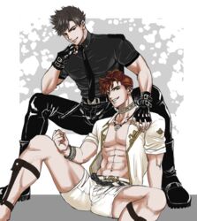  2boys belial_(granblue_fantasy) belt black_hair black_pants black_shirt boots bracelet brown_hair bunkichi_(bun005) choker closed_mouth earrings fingerless_gloves gloves granblue_fantasy green_eyes hand_on_another&#039;s_shoulder jacket jewelry lobelia_(danger_beckons_by_the_shore)_(granblue_fantasy) lobelia_(granblue_fantasy) looking_at_viewer male_focus multiple_boys muscular muscular_male necklace necktie official_alternate_costume open_clothes open_jacket pants red_eyes sandals shirt short_hair shorts sitting smile squatting teeth white_jacket white_shorts 