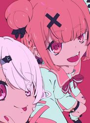  2girls :d black_bow black_footwear bow braid commentary_request double_bun eyes_visible_through_hair hair_bun hair_ornament hair_over_one_eye hairbow hairclip highres multiple_girls nijisanji open_mouth pink_hair pink_sailor_collar pleated_skirt purple_eyes red_background red_eyes red_hair sailor_collar sasaki_saku sasaki_saku_(6th_costume) school_uniform serafuku shiina_yuika shirt shoes simple_background sirataki_umauma skirt smile socks virtual_youtuber white_legwear white_shirt white_skirt x_hair_ornament 