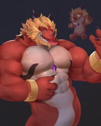  4:5 abs anthro beard biceps blonde_hair bracelet dragon facial_hair fangs hair hi_res horn jewelry kusunagi male muscular muscular_anthro muscular_male mythological_creature mythological_scalie mythology pecs red_body scalie teeth winston_(vaanxdragon) 