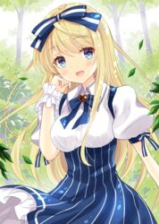  blonde_hair blue_bow blue_eyes blue_skirt blush bow breasts commentary_request emu_alice female hairbow heart highres liver_city long_hair looking_at_viewer open_mouth outdoors puffy_short_sleeves puffy_sleeves short_sleeves skirt smile solo uonuma_yuu 