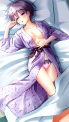  blush breasts cleavage collarbone doukyuusei doukyuusei_another_world female from_above futon game_cg hair_between_eyes japanese_clothes kimono kurokawa_satomi long_sleeves lying medium_breasts no_bra on_back open_clothes open_kimono open_mouth panties pillow pink_panties purple_hair purple_kimono short_hair solo under_covers underwear yellow_eyes 