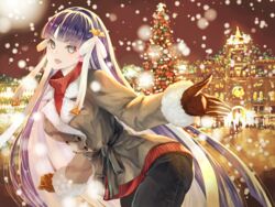  :d absurdres bad_id bad_pixiv_id black_pants blue_eyes blunt_bangs blurry blush bokeh building christmas_tree coat commentary_request commission depth_of_field fate/grand_order fate_(series) female fur-trimmed_coat fur_trim gloves graphite_(medium) grey_coat hair_ribbon highres leaning_forward long_hair long_ribbon looking_at_viewer martha_(fate) natsujiru open_mouth pants pixiv_commission purple_hair red_gloves red_sweater ribbed_sweater ribbon smile snow solo sweater traditional_media very_long_hair white_ribbon winter_clothes winter_coat 