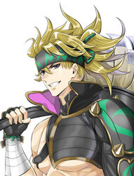  1boy absurdres axe bare_pectorals bishounen black_gloves black_headwear blue_eyes chest_harness fate/grand_order fate_(series) fingerless_gloves gloves hair_between_eyes harness headband highres large_pectorals male_focus medium_hair muscular muscular_male okuno_naru_(exoprsa) over_shoulder pectorals sakata_kintoki_(fate) sakata_kintoki_(heian_warrior_attire)_(fate) simple_background single_bare_shoulder smirk solo upper_body weapon weapon_over_shoulder 