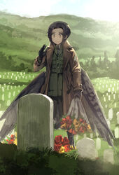  amelia_shaw asterisk_kome bird_wings black_footwear black_gloves black_hair black_necktie blue_sky boots bouquet brown_coat brown_eyes brown_wings closed_mouth coat commentary day dress_shirt female flower gloves graveyard green_jacket green_pants highres hill holding holding_bouquet jacket low_wings military military_uniform necktie open_clothes open_coat outdoors pants red_flower shirt short_hair sky smile solo standing tombstone trench_coat uniform waving wing_collar winged_fusiliers wings yellow_flower 