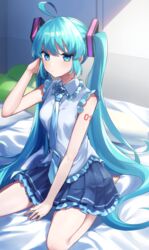  ahoge arm_tattoo bare_arms bare_legs barefoot between_legs blue_eyes blue_hair blue_necktie collared_shirt commentary female frilled_shirt frills grey_skirt hair_ornament hand_between_legs hand_in_own_hair hatsune_miku highres long_hair miniskirt necktie on_bed pleated_skirt shirt sitting skirt sleeveless sleeveless_shirt solo soramame_pikuto tattoo twintails very_long_hair vocaloid wariza white_shirt wing_collar 