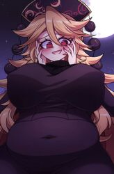  @_@ absurdres black_headwear blonde_hair blush breasts cosplay covered_navel female from_below hands_on_own_cheeks hands_on_own_face hex_maniac_(pokemon) hex_maniac_(pokemon)_(cosplay) highres junko_(touhou) large_breasts littlecloudie long_hair looking_at_viewer open_mouth phoenix_crown plump pokemon pokemon_xy red_eyes smile solo touhou 