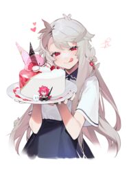  absurdres bad_id bad_pixiv_id black_skirt blush cake closed_mouth commentary_request female food grey_hair heart herme_(ohisashiburi) highres holding holding_plate long_hair looking_at_viewer ohisashiburi original partial_commentary plate red_eyes short_sleeves skirt smile solo tongue tongue_out very_long_hair 