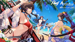  5girls alternate_costume asukayou beach bikini blue_eyes breasts brown_hair counter:side eyewear_on_head gaeun_(counter:side) innertube multiple_girls nanahara_chifuyu navel ocean one_eye_closed purple_eyes red_bikini sunglasses swimsuit sword tree weapon white_hair yang_harim yen_xing_lanchester yoo_mina 