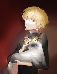  1boy blonde_hair blue_eyes child_gilgamesh_(fate) earrings fate/grand_order fate/hollow_ataraxia fate/stay_night fate_(series) feline gilgamesh_(fate) gradient_background gradient_fur hair_over_one_eye highres jewelry k7_(kk7_000) long_sleeves looking_at_viewer male_focus ragdoll_(cat) red_eyes short_hair upper_body 