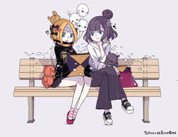  !? 2girls abigail_williams_(fate) abigail_williams_(traveling_outfit)_(fate) bag balloon bandaid bandaid_on_face bandaid_on_forehead belt bench black_bow black_footwear black_jacket blonde_hair blue_eyes bow breasts closed_mouth crossed_bandaids crossed_legs fate/grand_order fate_(series) forehead grey_background grey_pants hair_bun hair_ornament hairbow hairpin hand_on_own_cheek hand_on_own_face heart high_collar hood hooded_sweater jacket katsushika_hokusai_(fate) katsushika_hokusai_(traveling_outfit)_(fate) legs long_hair long_sleeves medium_breasts multiple_girls multiple_hair_bows octopus official_alternate_costume open_mouth orange_belt orange_bow pants parted_bangs pen polka_dot polka_dot_bow purple_hair red_footwear shaded_face short_hair shoulder_bag simple_background single_hair_bun sitting sketchbook sleeves_past_fingers sleeves_past_wrists small_breasts smile stuffed_animal stuffed_toy sweater teddy_bear tokitarou_(fate) white_sweater zka 