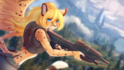  16:9 2022 amarihel anthro blonde_hair blue_eyes blurred_background cheetah clothing feathered_wings feathers felid feline female fur gun hair halo_(series) hi_res holding_gun holding_object holding_ranged_weapon holding_rifle holding_weapon lena_fluffy_(character) looking_at_viewer mammal markings microsoft midriff military ranged_weapon solo spots spotted_body spotted_fur topwear trigger_discipline vest weapon widescreen wings xbox_game_studios yellow_body yellow_fur yellow_wings 