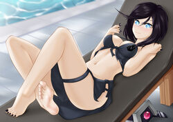  badsharku bikini black_bikini black_nails blue_eyes breasts chair crossed_legs dinergate_(girls&#039;_frontline) feet female girls&#039;_frontline highres intruder_(girls&#039;_frontline) looking_at_viewer lounge_chair lying medium_hair nail_polish navel on_back poolside sangvis_ferri soles swimsuit toes 