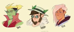  ambiguous_gender beard clothed clothing drawfee_(copyright) drawtectives eyewear facial_hair fletchery_png glasses grendan_highforge group gyorik_rogdul hair hat headgear headwear hi_res human humanoid humanoid_pointy_ears mammal orc ponytail rose_(drawtectives) round_glasses smile trio underbite undercut 