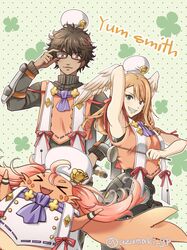  &gt;_&lt; :d arm_up ascot blonde_hair blue_eyes blush_stickers brown_hair chef_hat clover dark-skinned_male dark_skin eunie_(xenoblade) fangs four-leaf_clover glasses green_background grin hat head_wings highres looking_at_viewer manana_(xenoblade) nopon official_alternate_costume orange_ascot rectangular_eyewear smile sweater taion_(xenoblade) turtleneck turtleneck_sweater uzumaki_(skydirt) wings xenoblade_chronicles_(series) xenoblade_chronicles_3 zipper 