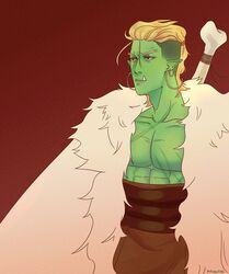  blonde_hair bone clothed clothing drawfee_(copyright) drawtectives ear_piercing green_body green_skin gyorik_rogdul hair hi_res humanoid jacket male muscular muscular_humanoid muscular_male not_furry orc piercing poporo_1102 scar sharp_teeth solo teeth topwear underbite 