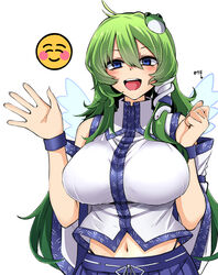  bare_shoulders blue_eyes blue_skirt blush breasts commentary_request detached_sleeves emoticon female frog_hair_ornament green_hair hair_ornament hair_tubes highleg highleg_panties highres huge_breasts japanese_clothes kochiya_sanae long_hair navel nontraditional_miko open_mouth panties rihito_(usazukin) simple_background skirt smile snake_hair_ornament solo touhou underwear unfinished_dream_of_all_living_ghost white_background white_sleeves wide_sleeves wings 