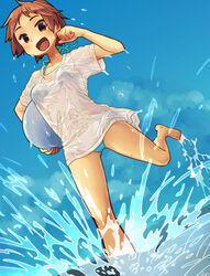  :d ball barefoot beach bikini blue_bikini blue_sky blush brown_eyes brown_hair cloud commentary day dutch_angle english_commentary female foreshortening halterneck holding holding_ball looking_at_viewer looking_down ocean open_mouth original running see-through shirt short_hair sky smile solo splashing swimsuit t-shirt tessaku_ro very_short_hair wading water water_drop wet wet_clothes wet_shirt 