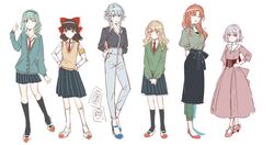  6+girls alternate_costume arms_behind_back black_socks blonde_hair blue_eyes brown_hair closed_eyes contemporary green_eyes green_hair grey_hair hakurei_reimu hand_on_own_hip hands_on_own_hips hong_meiling izayoi_sakuya kirisame_marisa kneehighs kochiya_sanae long_hair medium_hair miniskirt multiple_girls necktie one_eye_closed orange_hair pants pink_footwear pleated_skirt red_eyes red_footwear red_necktie remilia_scarlet shirt short_hair skirt smile socks souta_(karasu_no_ouchi) standing standing_on_one_leg sweater touhou v_arms white_background white_legwear white_shirt yellow_eyes 