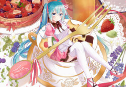  absurdres apron blue_eyes blue_hair blueberry blush breasts checkerboard_cookie closed_mouth commentary cookie cup dress feet_out_of_frame female flower food fork frilled_apron frilled_dress frills fruit fruit_tart hair_between_eyes hatsune_miku high_heels highres holding holding_fork in_container in_cup lavender_(flower) long_hair looking_at_viewer mini_person minigirl noneon319 pink_dress pink_footwear puffy_short_sleeves puffy_sleeves purple_flower saucer shoes short_sleeves small_breasts smile solo strawberry strawberry_blossoms tart_(food) teacup thighhighs twintails twitter_username very_long_hair vocaloid white_apron white_flower white_thighhighs wrist_cuffs 