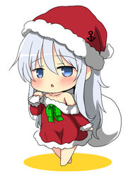  anchor_symbol barefoot blue_eyes blush chibi christmas colored_shadow commentary_request dress female full_body fur-trimmed_dress fur-trimmed_headwear fur-trimmed_sleeves fur_trim grey_hair hair_between_eyes hat hibiki_(kancolle) holding holding_sack kantai_collection long_sleeves off_shoulder oshiruko_(uminekotei) parted_lips red_dress red_hat sack santa_costume santa_hat shadow solo walking white_background 