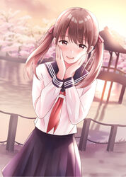  :d black_sailor_collar black_skirt brown_eyes brown_hair cherry_blossoms commentary_request dutch_angle female hair_ribbon hands_up highres long_sleeves looking_at_viewer neckerchief open_mouth original outdoors pleated_skirt railing red_neckerchief red_ribbon ribbon sailor_collar school_uniform serafuku shirt skirt smile solo sunset teeth tree twintails upper_teeth_only water white_shirt yukimaru217 