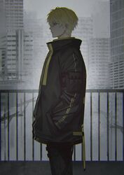  1boy black_coat black_pants blonde_hair blue_eyes building closed_mouth coat from_side hair_between_eyes hands_in_pockets highres male_focus nijisanji nijisanji_en outdoors pants railing short_hair sonny_brisko sonny_brisko_(1st_costume) uma_177 virtual_youtuber 