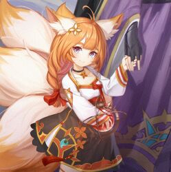  1boy ahoge animal_ears blue_eyes collar crossed_bangs eight-tailed_fox_nari female fingerless_gloves fox_ears fox_tail gloves guardian_tales hair_ornament holding_hands korean_clothes looking_at_viewer magatama multiple_tails nine_tailed_fox_garam orange_hair orb ponytail smile soeyumi solo_focus tail 