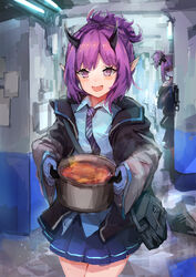  2girls absurdres arknights bag black_horns black_jacket blue_gloves blue_shirt blue_skirt collared_shirt commentary cooking_pot gloves hallway hibiscus_(arknights) hiding highres holding holding_cooking_pot horns indoors jacket jitome lava_(arknights) long_sleeves multiple_girls necktie open_clothes open_jacket open_mouth peeking_out photoshop_(medium) pleated_skirt pointy_ears purple_eyes purple_hair shirt short_hair shoulder_bag siblings sisters skirt smile striped_necktie trrcmb twins 