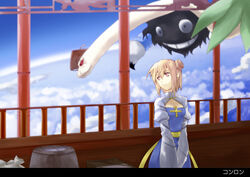  above_clouds arch_bishop_(ragnarok_online) bag barrel black_eyes blonde_hair blue_dress box chinese_clothes choukichi cleavage_cutout closed_mouth clothing_cutout cloud colored_sclera commentary_request cowboy_shot demon double_bun dress earth_(planet) evil_snake_lord extra_eyes extra_mouth female guan_hat hair_between_eyes hair_bun hat looking_at_another looking_back mian_guan paintbrush pillar pink_eyes planet plant ragnarok_online railing red_eyes red_sclera sash short_hair sky smile snake standing translated white_dress white_snake yellow_sash 