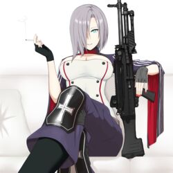  aqua_eyes assault_rifle black_gloves boots breasts cigarette cleavage couch crossed_legs dress feet_out_of_frame female fingerless_gloves girls&#039;_frontline gloves grey_hair gun h&amp;k_mg5 hair_over_one_eye highres holding holding_cigarette holding_gun holding_weapon large_breasts looking_at_viewer medium_hair mg5_(girls&#039;_frontline) nail_polish open_mouth pants parted_lips purple_pants red_nails rifle sitting smile smoke smoking solo sumi_ojie weapon white_background white_dress wide_sleeves 